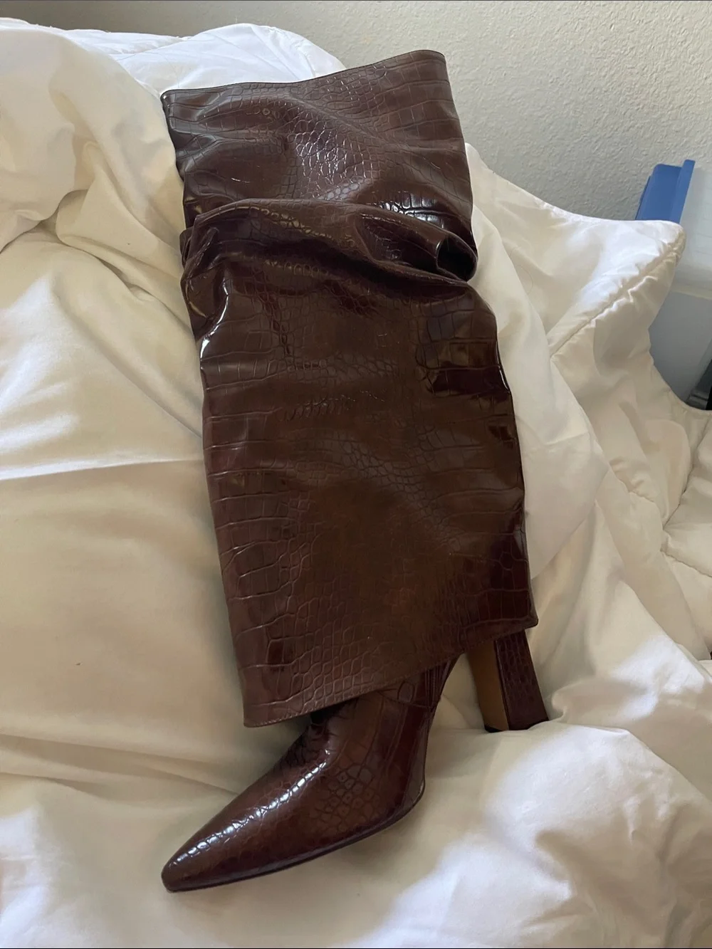 SHEIN Brown Croc-Embossed Over-the-Knee Pointed Toe Boots